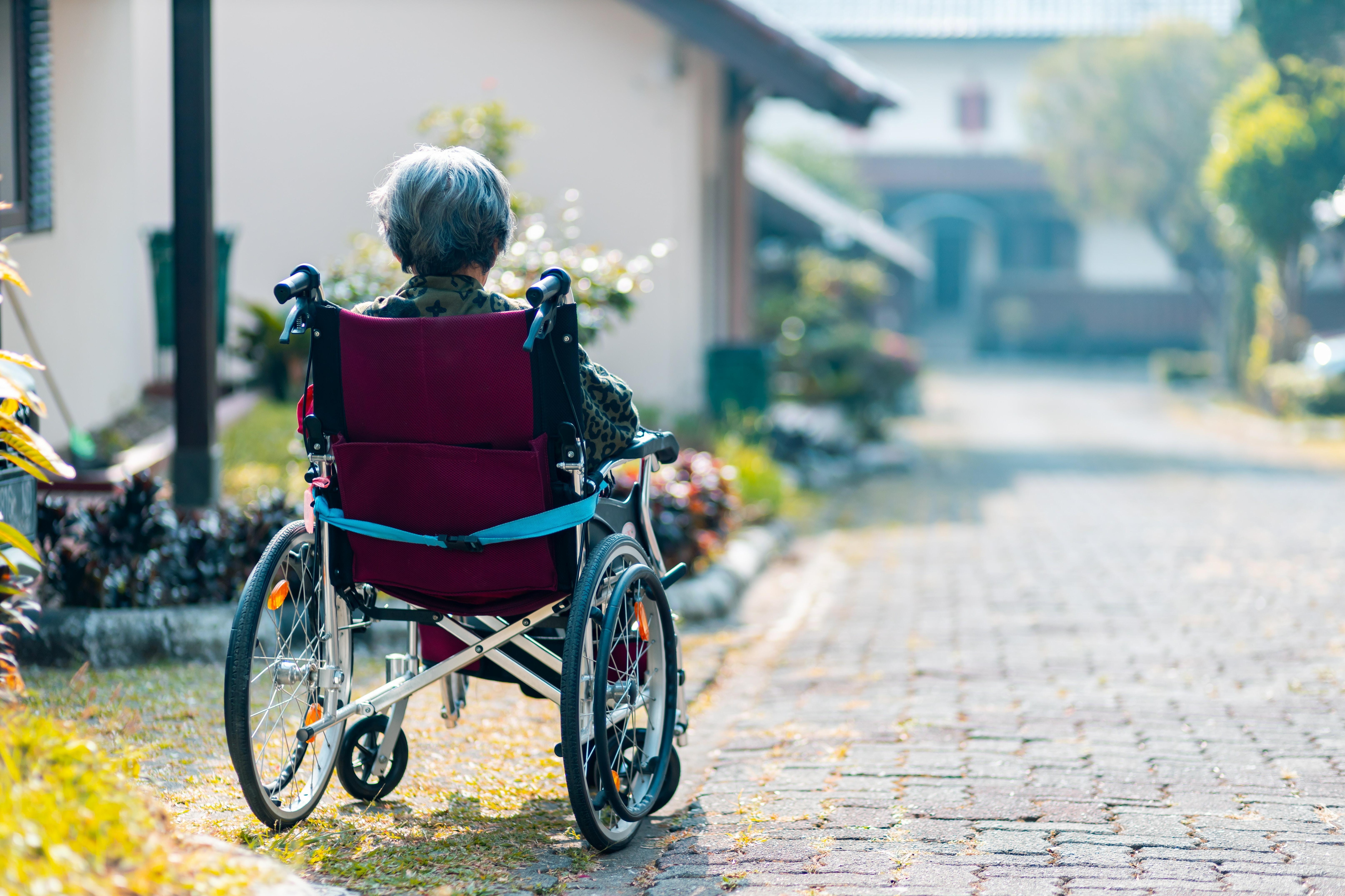 Imatge d'una dona gran en cadira de rodes en un jardí