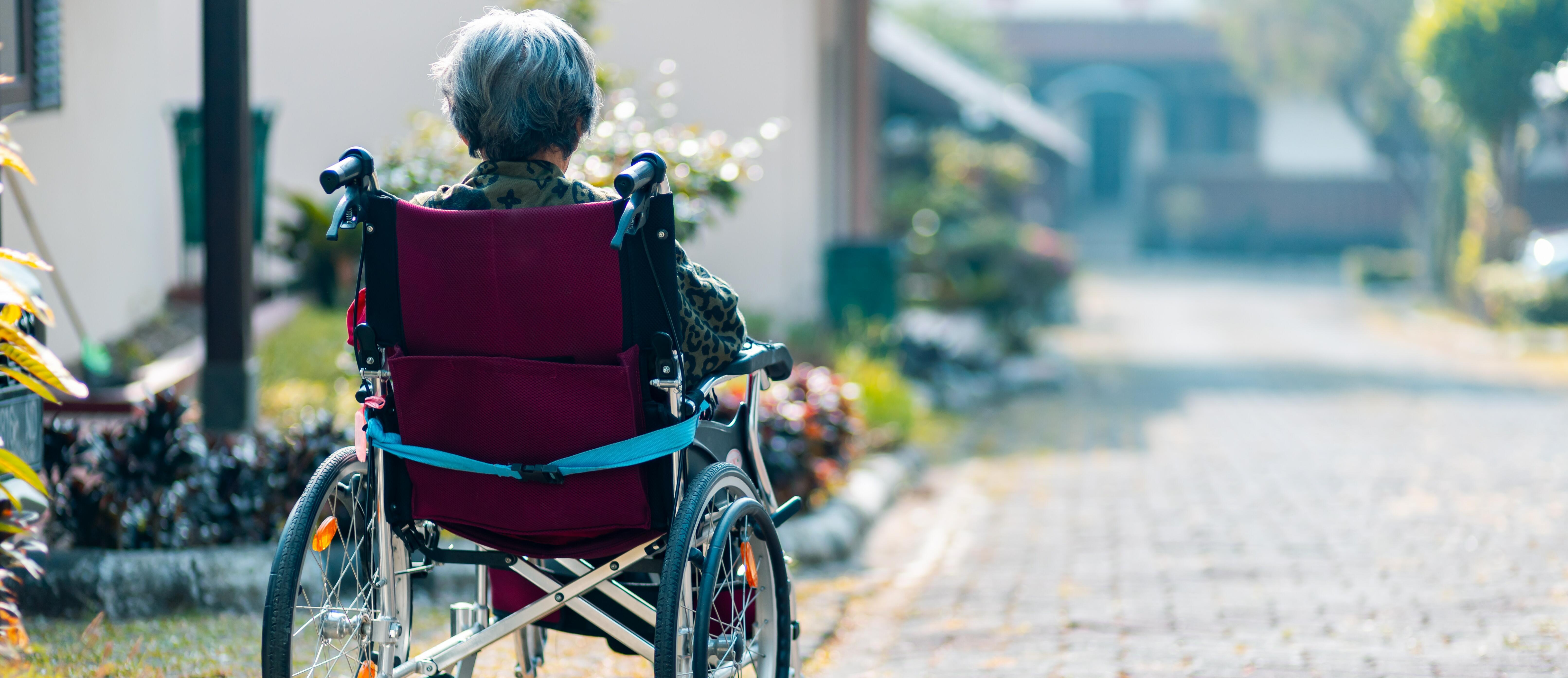 Imatge d'una dona gran en cadira de rodes en un jardí