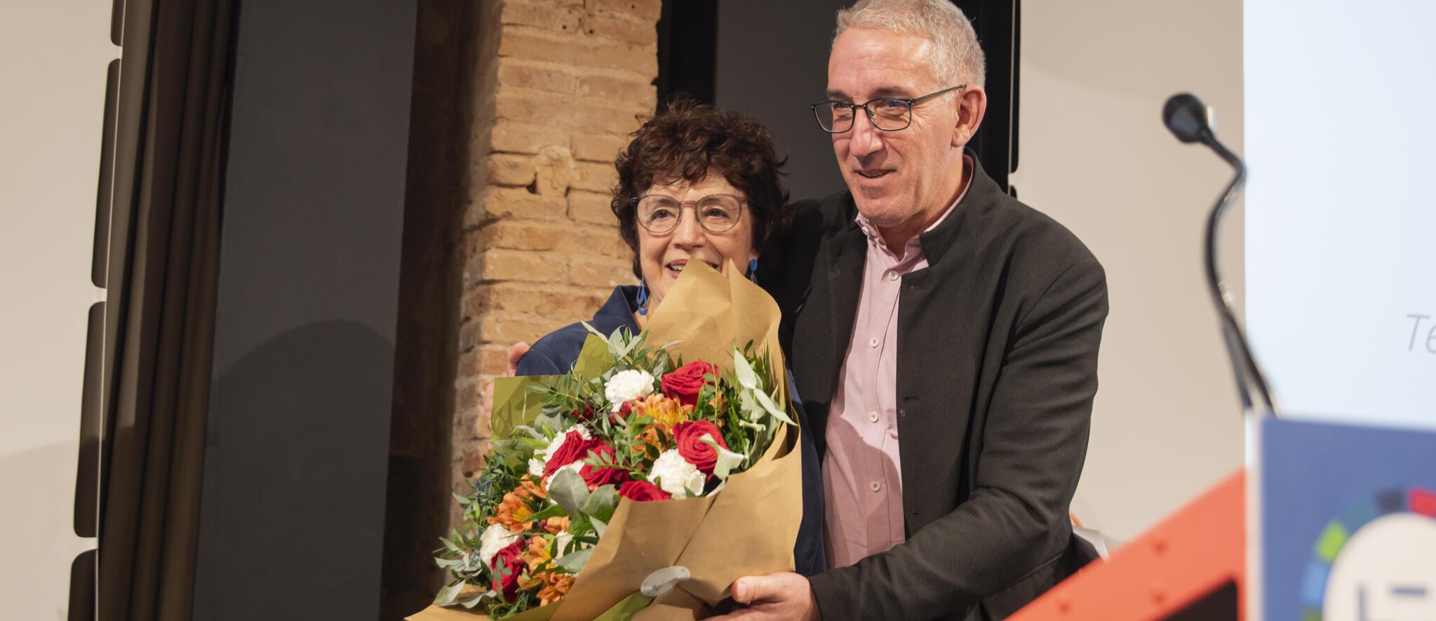 Imatge de Francina Alsina, presidenta sortint de la Taula, i Enric Morist, nou president de la Taula